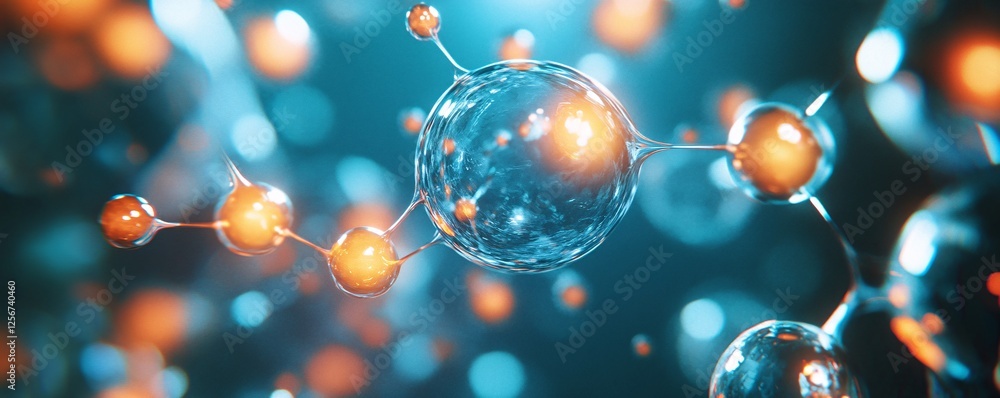 Poster 3d rendering of a cluster of molecules surrounding a luminous orange center