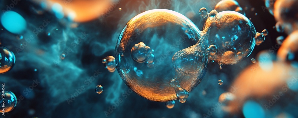 Poster Colorful space with merging and floating 3d spheres in abstract background