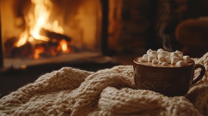 Cup of hot chocolate on a blanket next to a cozy fireplace with glowing embers