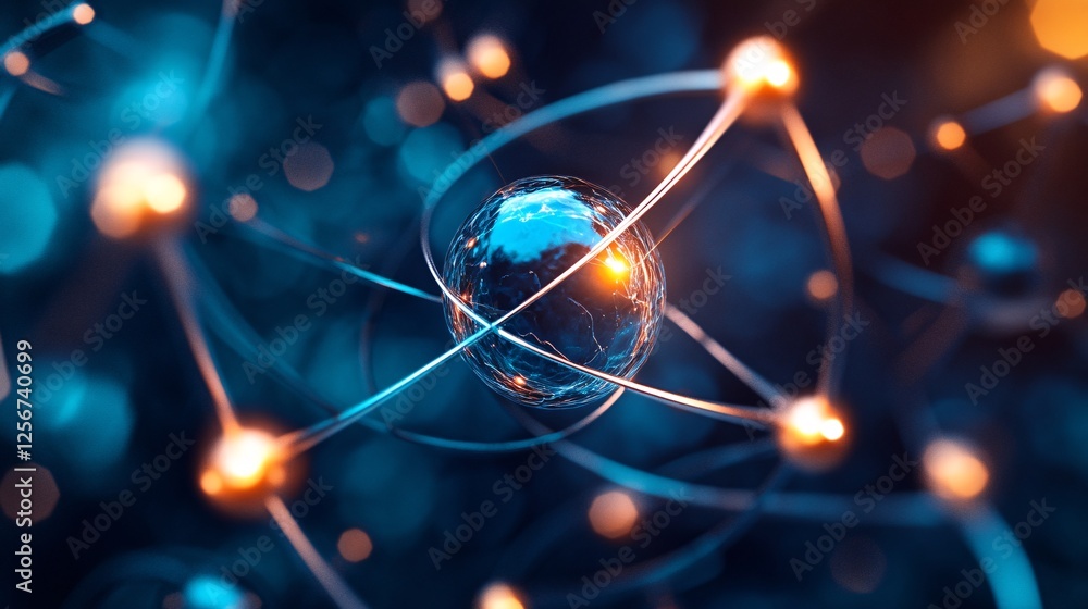 Poster glowing atomic nucleus with orbiting electrons is a scientific concept