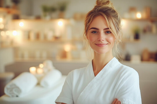 young woman works in spa salon.  A masseuse or female massagist in a white robe is standing in a SPA salon near a massage chair. beautician in a cosmetology office. the cosmetologist is in the SPA 