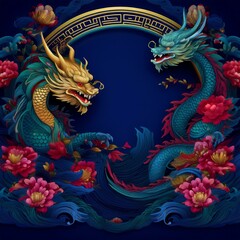 Obraz premium elegant dragon border frame with floral design with copy space for text graphic resource
