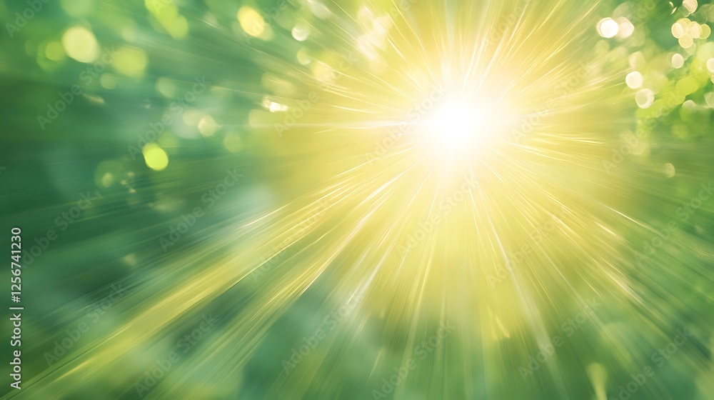 Poster abstract radiating light source with green bokeh background