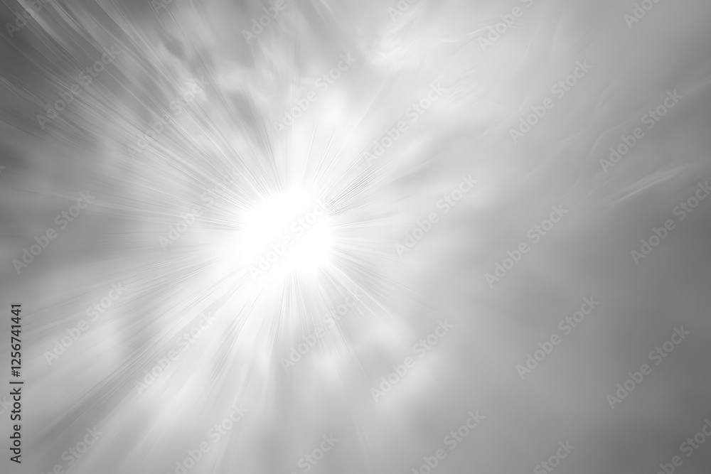 Poster grayscale image of radiating light source and clouds