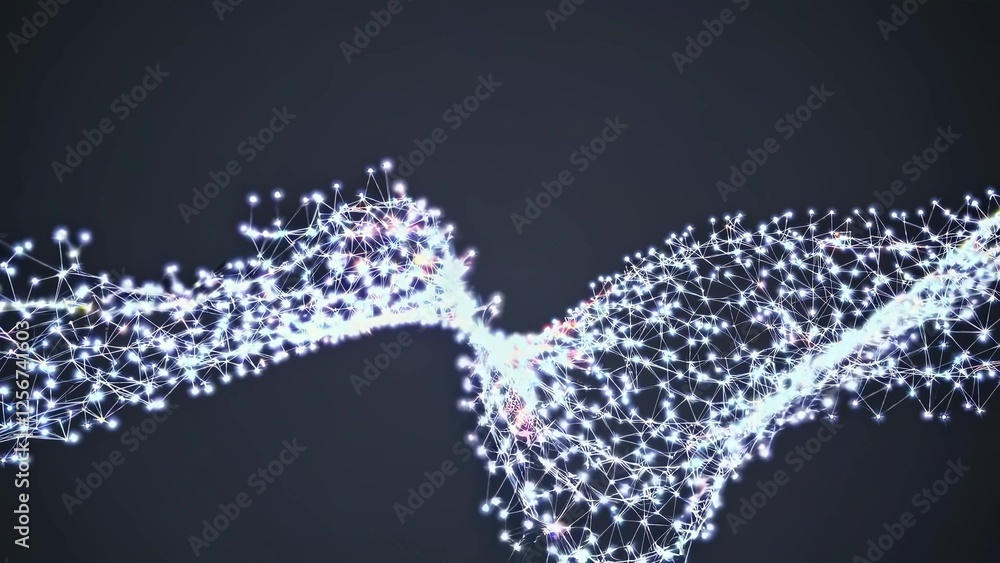 Poster glowing plexus with connected lines and dots forming a futuristic wavy shape representing digital da