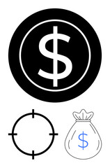 Dollar sign within a black circle, crosshair target, and money bag with a blue dollar symbol. Ideal for finance, investment, savings, business goals, wealth management, budgeting and economic