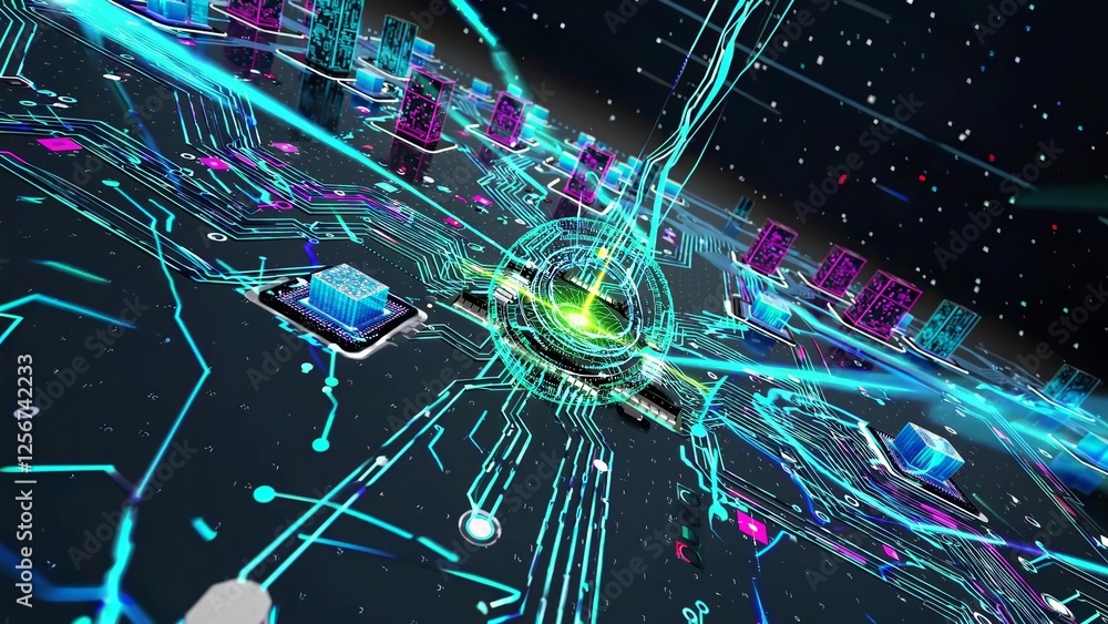 Poster quantum computing technology processes complex data through a futuristic circuit board, featuring gl