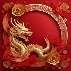 Obraz premium elegant dragon border frame with floral design with copy space for text graphic resource