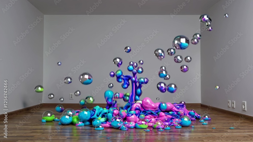 Poster colorful liquid splashing and forming bubbles in an empty room featuring a wooden floor and gray wal
