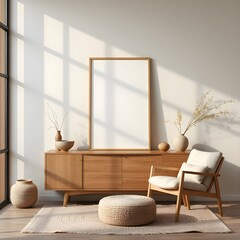 japandi living room with empty frame mockup, organic modern design, soft beige walls, warm wooden furniture, cozy neutral textiles, calming ambiance
