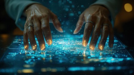 Persons hands interacting with a digital tablet on a wooden table in a bright indoor environment