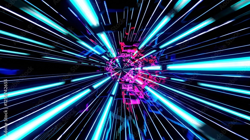 Aufkleber bright neon lights creating a mesmerizing tunnel effect with dynamic motion blur, evoking the sensat