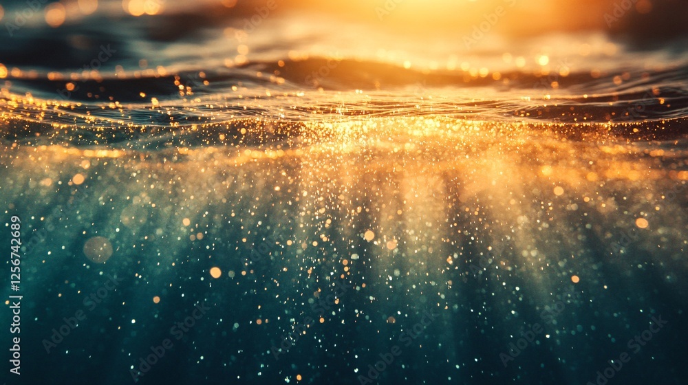 Poster beautiful bokeh effect created by golden sunlight shining through the water's surface