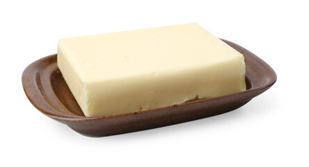 Block of tasty butter in dish isolated on white