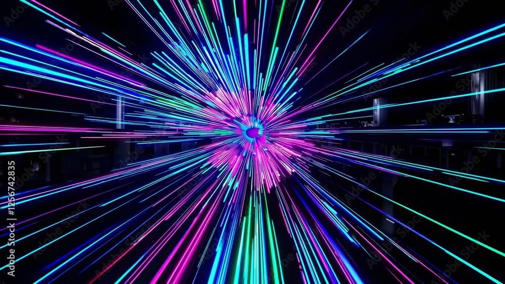 Poster vivid neon light trails create a mesmerizing hyperspace jump effect, evoking a sense of rapid accele