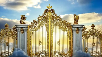 Beautiful golden gates open to a bright sky filled with clouds and sunlight during late afternoon - Powered by Adobe