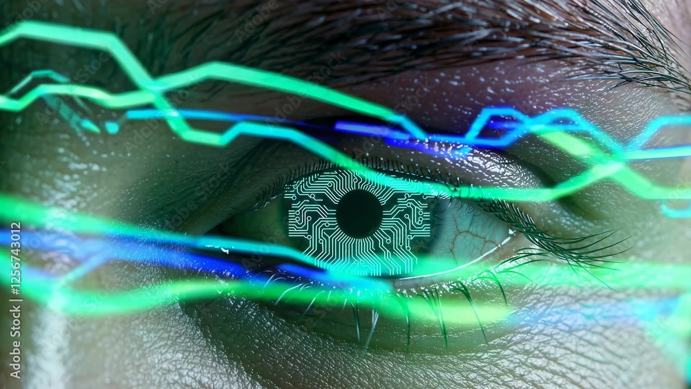 Poster close-up of a human eye with a futuristic printed circuit board pattern on the iris and glowing data