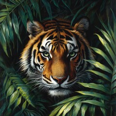 Majestic tiger gazes intensely from amidst vibrant green foliage in a jungle. Generative AI