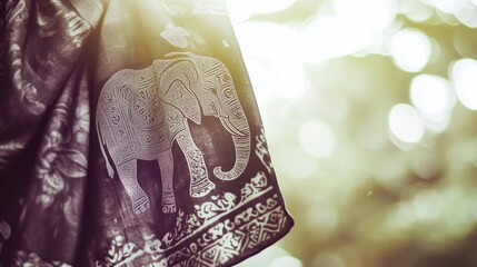 Intricate floral elephant scarf with water droplets, symbolizing Thai Songkran's vibrant renewal.
