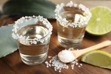 Tequila shots with salt, lime slices and agave leaves on wooden table, closeup