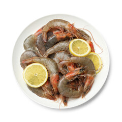 Fresh raw shrimps with lemon isolated on white, top view