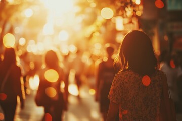 Golden Hour Solitude: A Woman Walks Through a Blurred Cityscape at Sunset