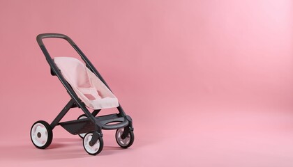 Stylish doll stroller on pink background, space for text. Kid's toy