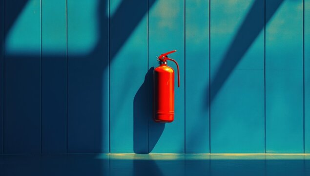 Red Fire Extinguisher on Teal Wall Minimalist Photography