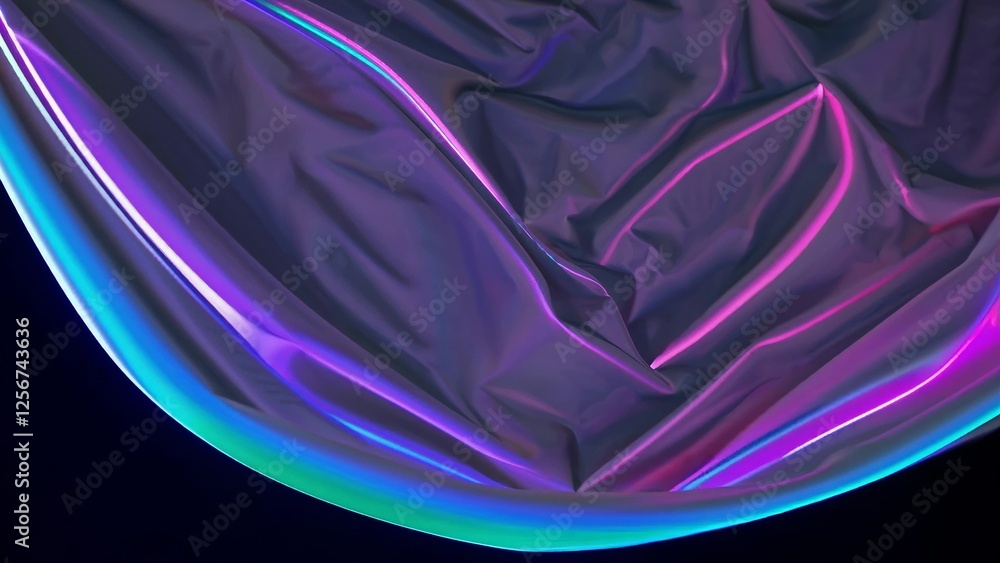 Poster flowing and waving, smooth and elegant holographic metallic neon fabric showcases vibrant colors, cr