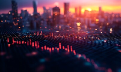 Abstract digital financial graph with vibrant colors against a city skyline at sunset