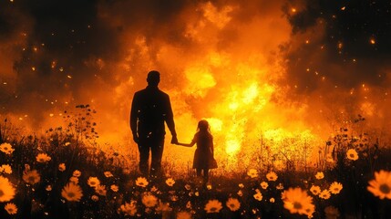 Obraz premium Silhouette of a parent and child holding hands in a flower-filled field against a fiery sunset