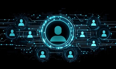 Abstract digital network with user icons surrounded by glowing circles and data connections