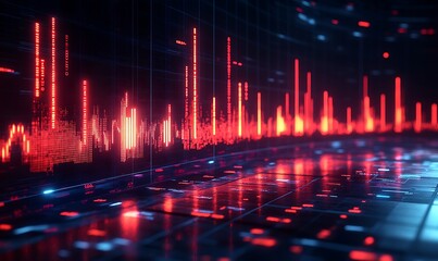 Abstract digital visualization of sound waves with vibrant red and blue tones reflecting on surfaces