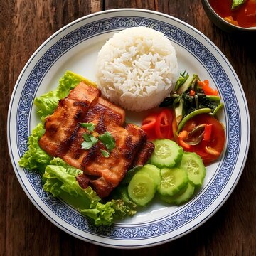 A plate of bai sach chrouk, a popular Cambodian breakfast dish made with grilled pork marinated in coconut milk and garlic, served with rice and pickled vegetables.