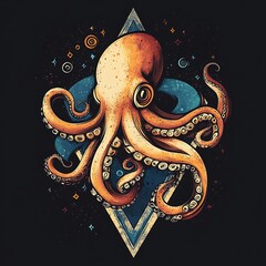 Artistic octopus graphic design, cosmic background