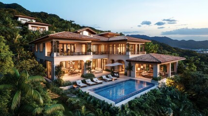 Fototapeta premium Luxury hillside villa with pool and stunning mountain views during a vibrant sunset