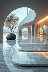 Serene modern interior with curved architecture, reflective marble floors, and minimalist tree feature.