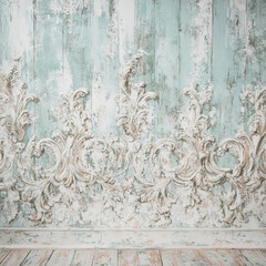 Ornate vintage wall design with distressed textures and peeling paint in a soft blue-green hue reflecting timeless elegance