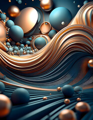 Stunning abstract digital artwork featuring flowing copper and blue spheres on a rippling blue surface.Generate Image