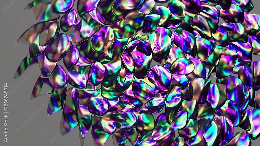Poster creating an abstract background filled with numerous iridescent crystal gems, featuring vibrant refl