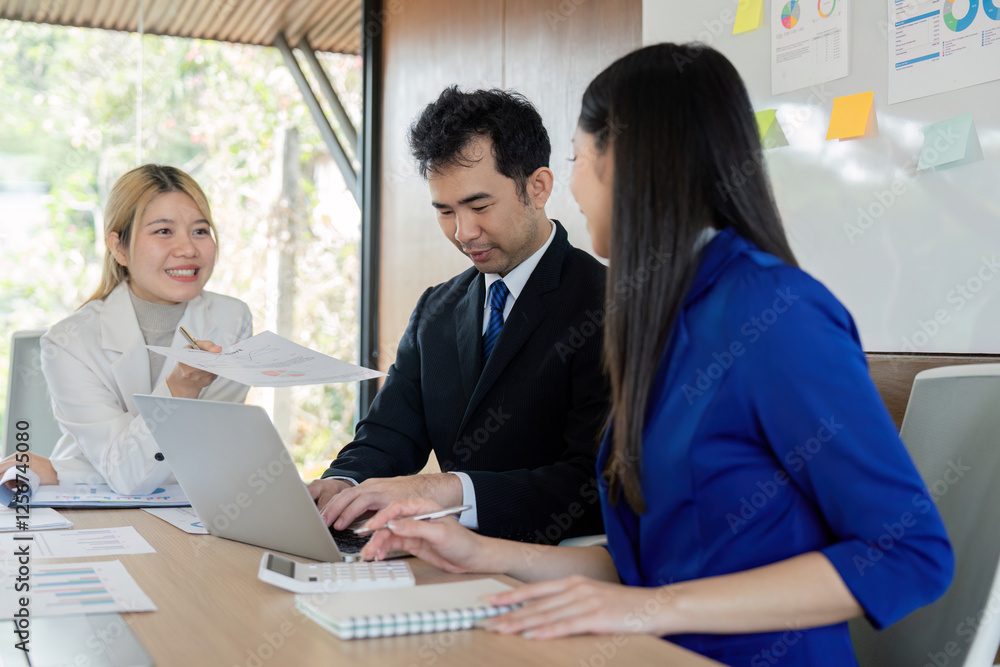 Poster energetic business team discussing analysis and sharing insights during a collaborative meeting in a