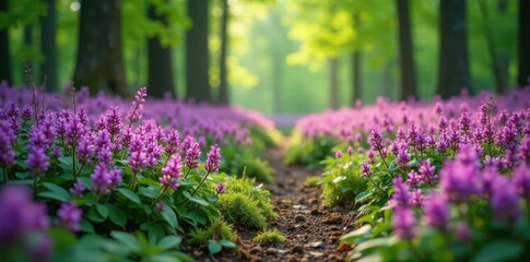 Obraz premium Dense purple heather flowers covering the forest floor, heather, foliage, nature