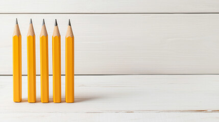 Obraz premium Bright yellow pencils arranged in row on wooden surface, creating cheerful and organized atmosphere. Perfect for educational or creative themes