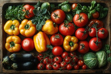 Vibrant assortment of fresh vegetables including tomatoes, bell peppers, eggplants, and leafy greens arranged in wooden tray.