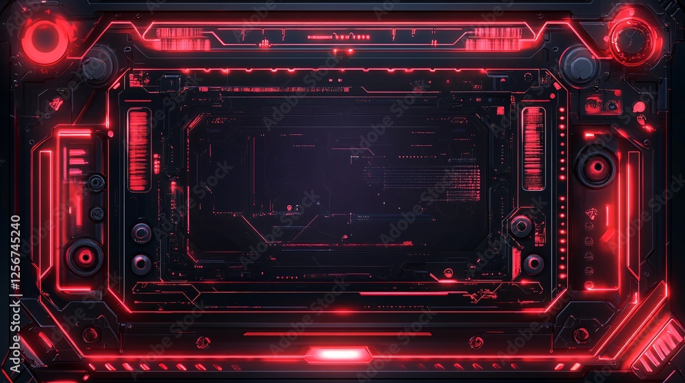 Fototapete Futuristic red glowing control panel interface showing data processing activity with copy space