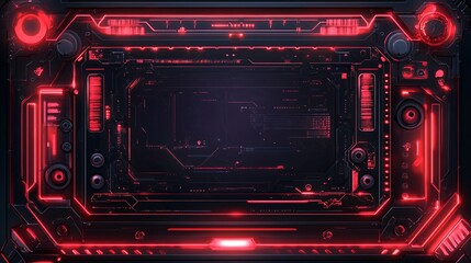 Obraz premium Futuristic red glowing control panel interface showing data processing activity with copy space
