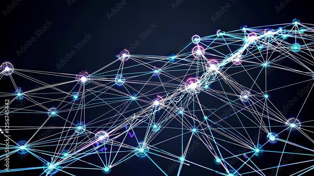 Poster complex network is transferring data through futuristic connections and nodes, creating a visual rep