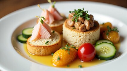Gourmet Natto and Salmon Appetizer on Savory Cakes with Citrus and Cucumber Garnish