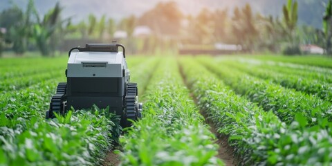 Advanced agricultural technology enhances crop management in sunny fields at dawn