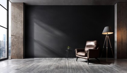 Empty Black Wall Mockup in Industrial Interior with Leather Lounge Chair and a Steel Floor Lamp. Natural Daylight From a Window. Promotion Background.